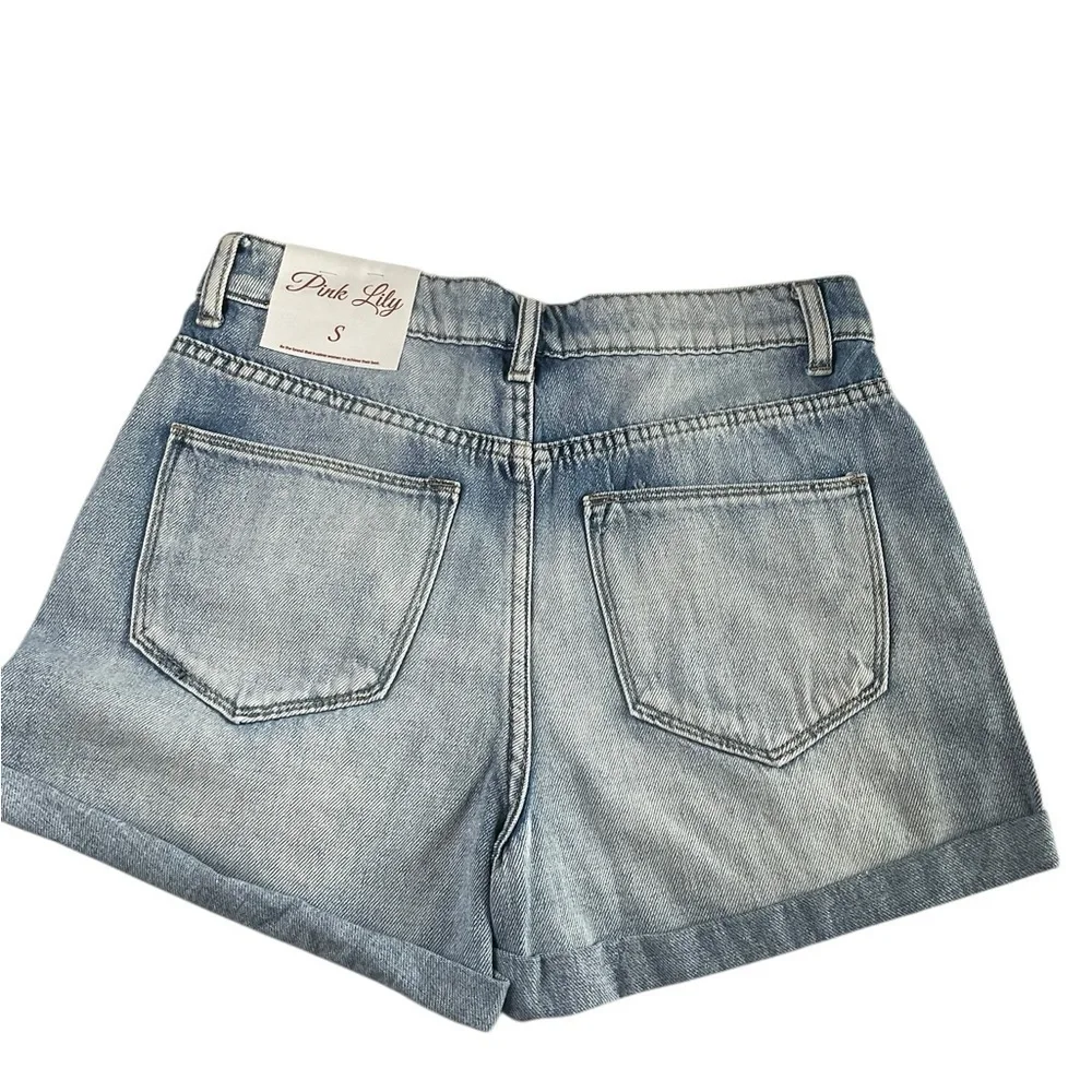 Pink Lily Blue Distressed Jean Shorts High-Waisted